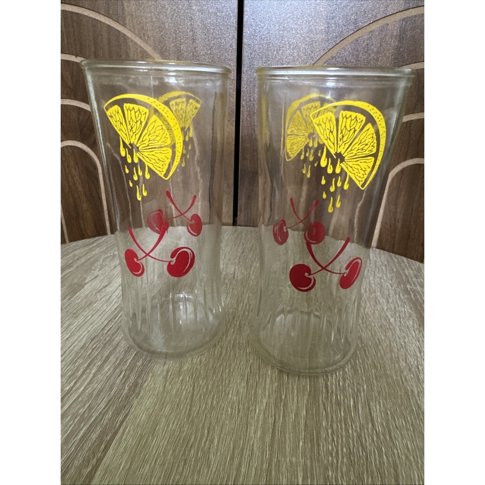 Two MCM Anchor Hocking Dripping Lemon Wedge & Crossed Cherries Ice Tea Glass